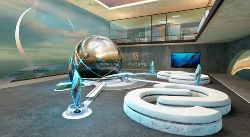 Lobby of the Seeders virtual headquarters with the S sculpture
