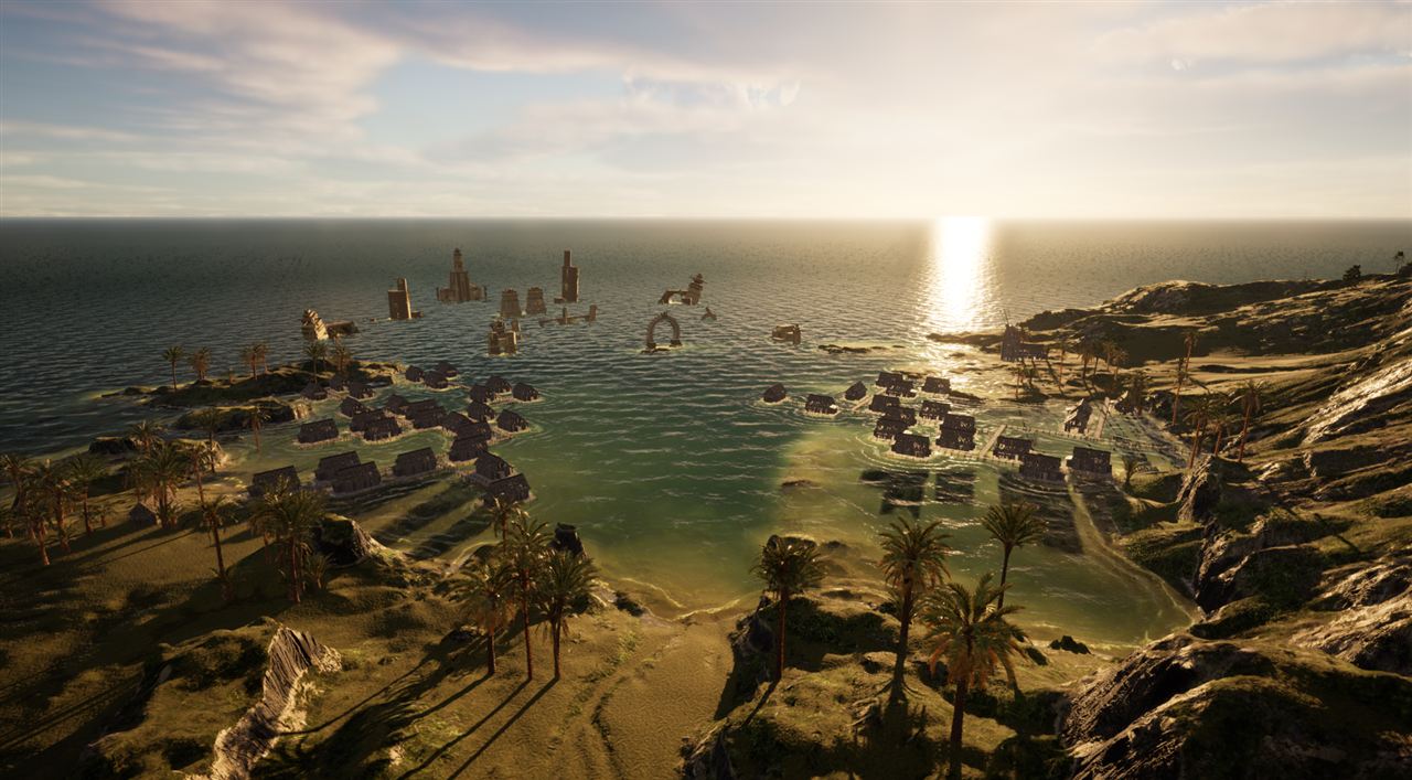 Flooded coastal village at sunset in the Seeders game prototype