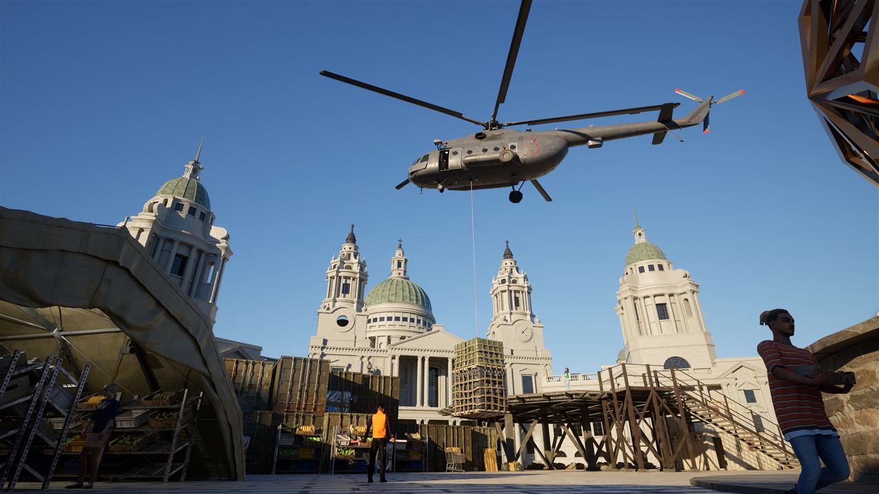 Helicopter flying over a flooded monument under restoration