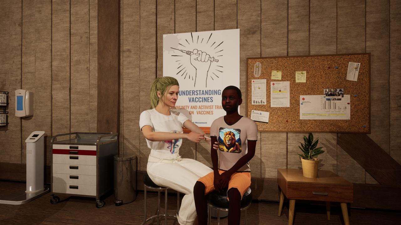 Nurse talking with a patient in a vaccination clinic