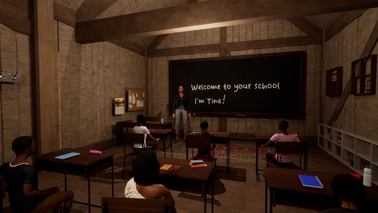 Classroom with a blackboard welcoming pupils to their school